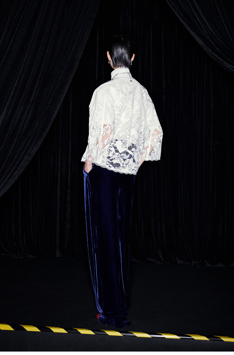 M essential Mackay designer White Lace atelier layered lace inlay top blue velvet pant- olay.