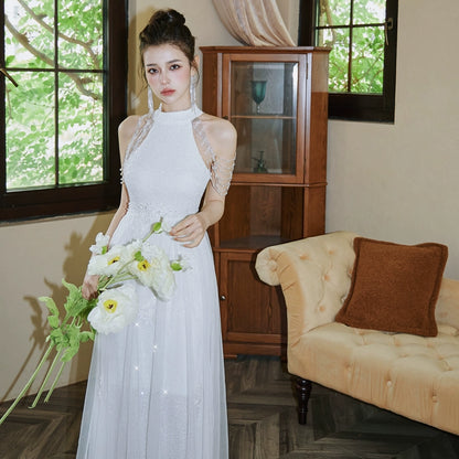 DOLLY Luxury Stand Collar Sleeveless Sequin Glitter Beads Long Nesh Cocktail Dress-SOPHIA