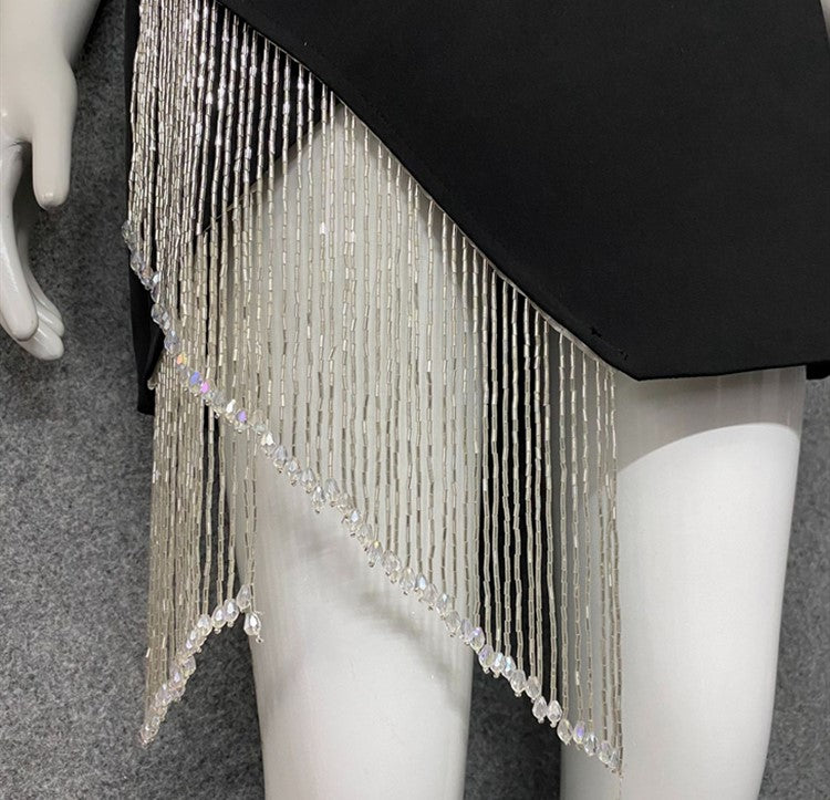 DOLLY Elegant Sling Off Shoulder Feather Slim Fit Short Tassel Birthday Dress-JAJA