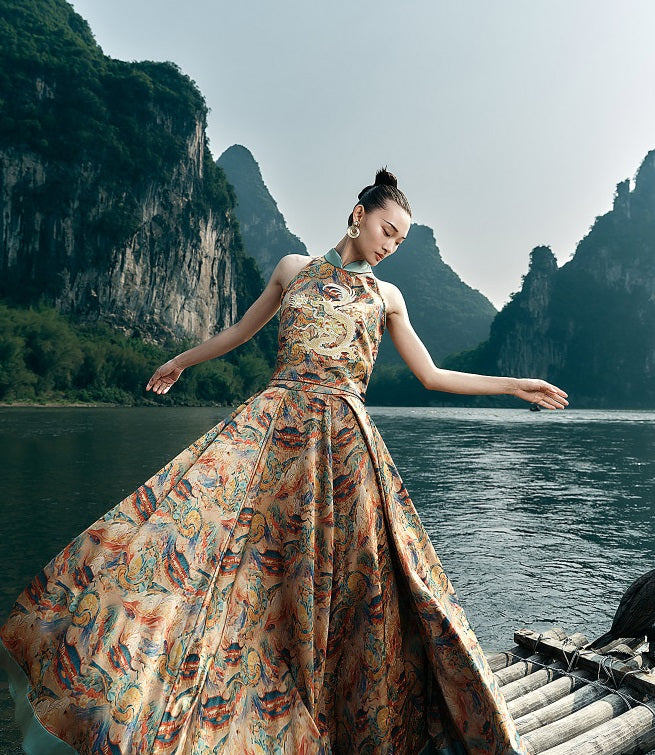 HECO Chinese Contrast Mural Big Swing Fishtail Skirt - MIGRO.