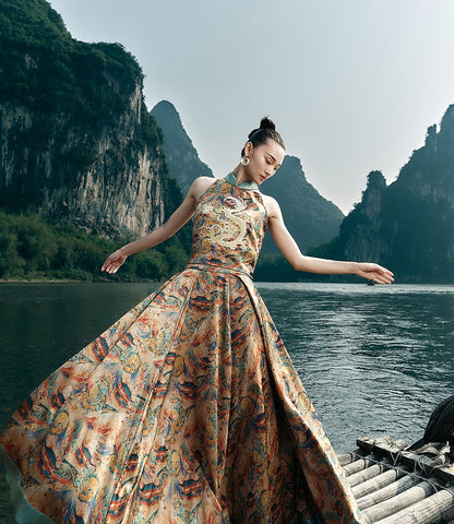 HECO Chinese Contrast Mural Big Swing Fishtail Skirt - MIGRO.