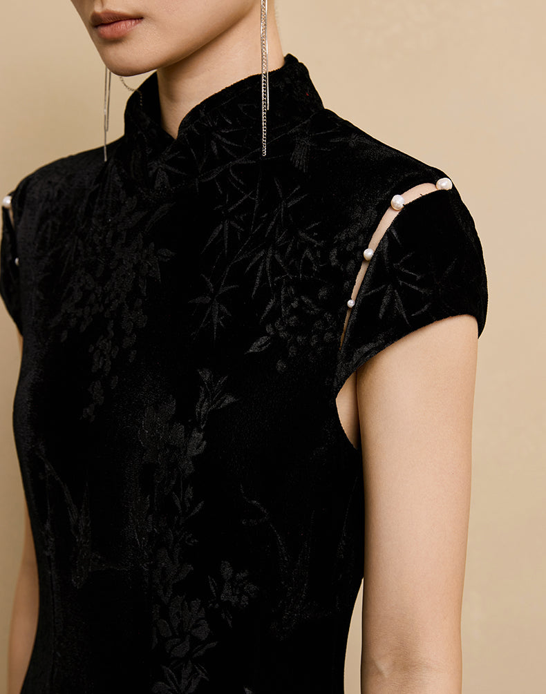 HECO Velvet Embossed Red Black Long Dress Women's- EXPECT.