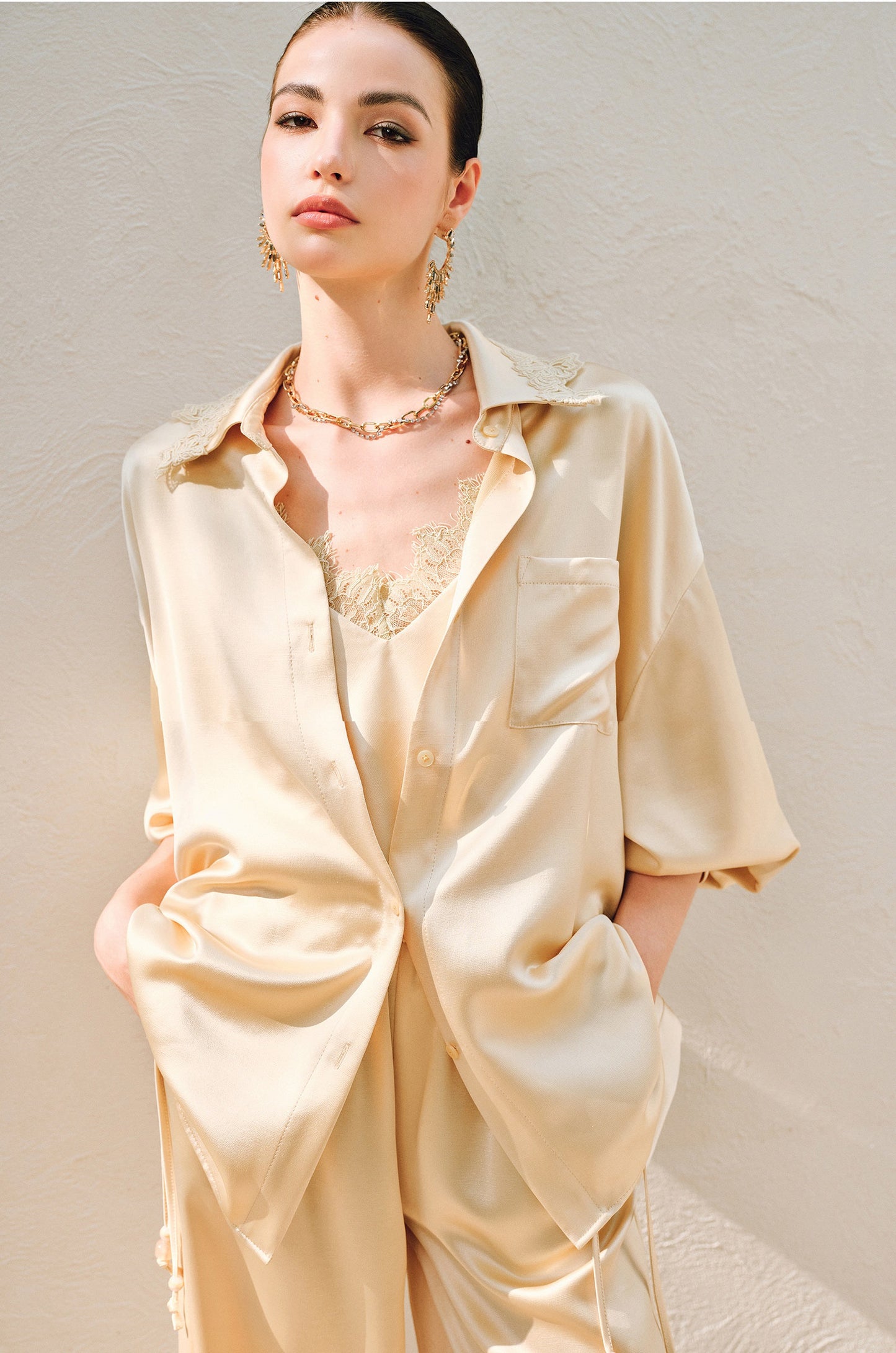 WANGXO | Hemp-Textured Acetate Satin  ight Luxury Lace Suspender, Shirt & Trousers Three-Piece Set- SARI