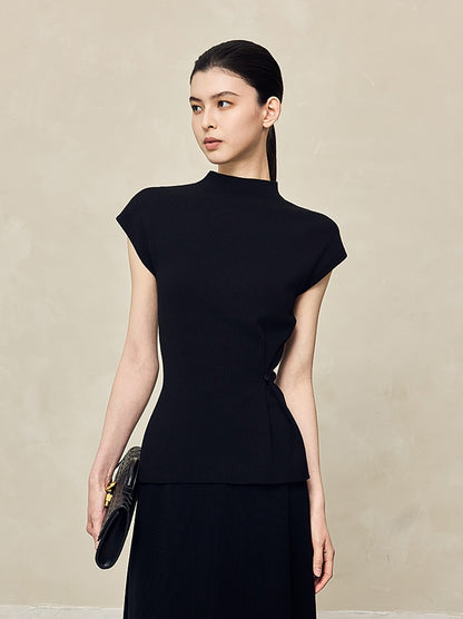 HECO Waist Side Buckle Stand Collar Knitted Short Sleeve Top- BLOOD.