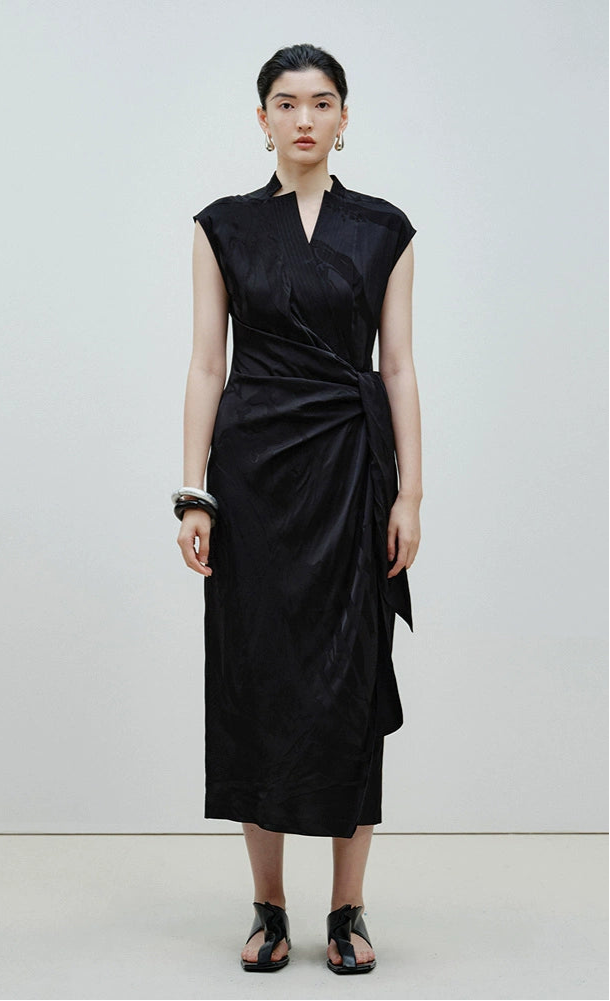 ZHUCHONGYUN sleeveless jacquard wrap-style front ruched waist slit hem Dress-DEWIE.