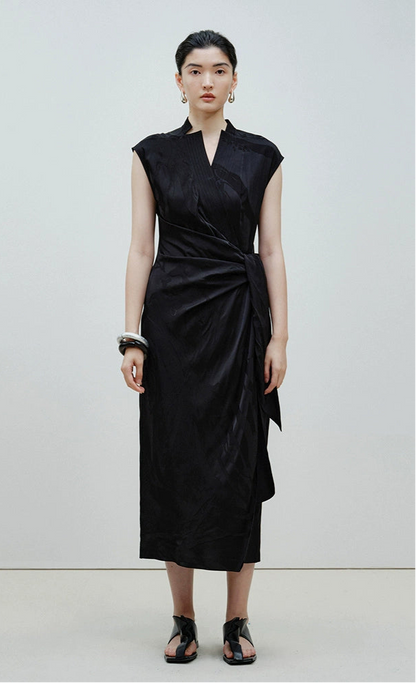 ZHUCHONGYUN sleeveless jacquard wrap-style front ruched waist slit hem Dress-DEWIE.