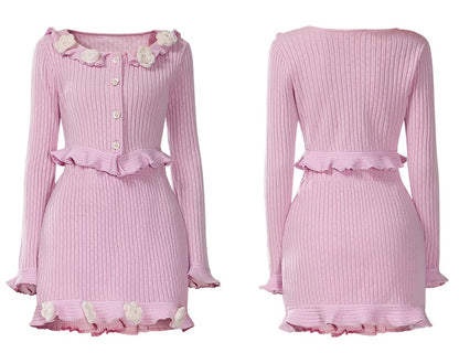 CHECOCRE Stunning Three-dimensional Crochet Pink Flower Contrast Two-piece Set - JOSHUA