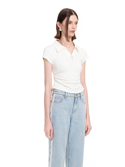 YES BY YESIR | Ye Qian  Y-Triangle Tag Polo Neck T-Shirt Delicate Pleats-LOREINE.