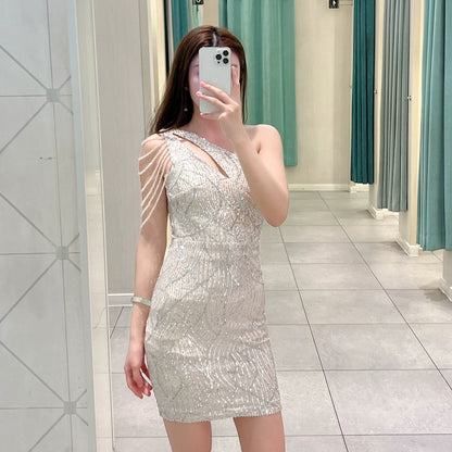 DOLLY Elegant Slant Collar Sleeveless Splice Sequin Slim Fit Dinner Guest Dress-NANA