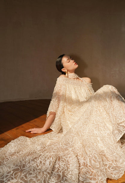 LE VENT&TES AILES Luxury off-Shoulder Lace Jacquard 3d Detailing white Dress- ZORA