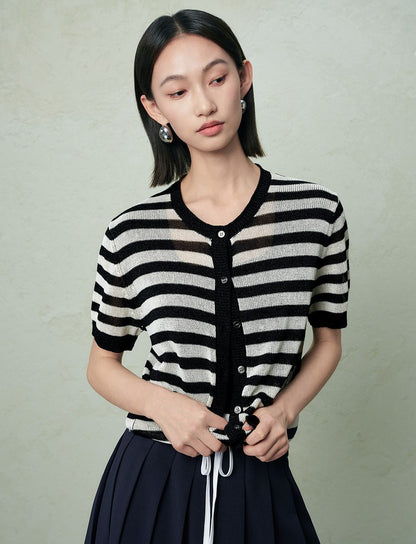 SUSHE light hollow texture striped short-sleeved knit sweater new stretch loose top -BESS