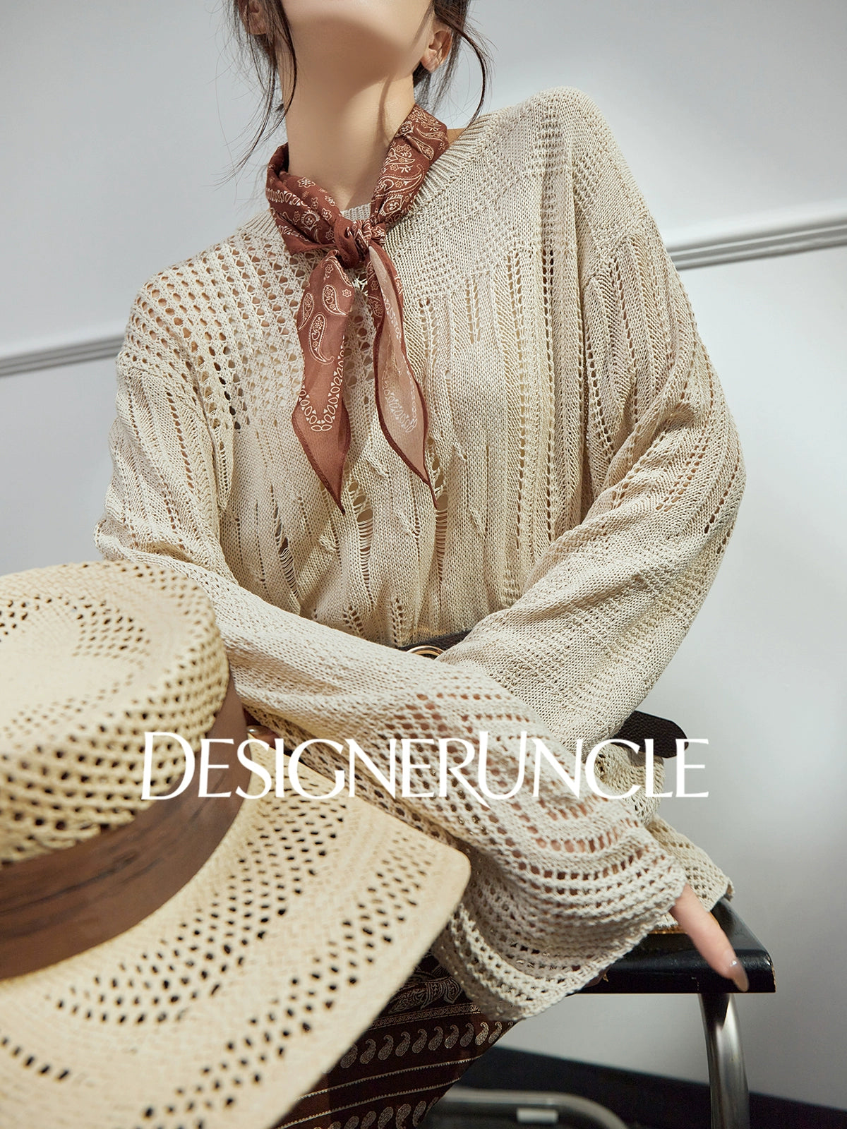 DGU| Khaki Knitted Sweater Hollow Design Niche Loose Top - Felicia.