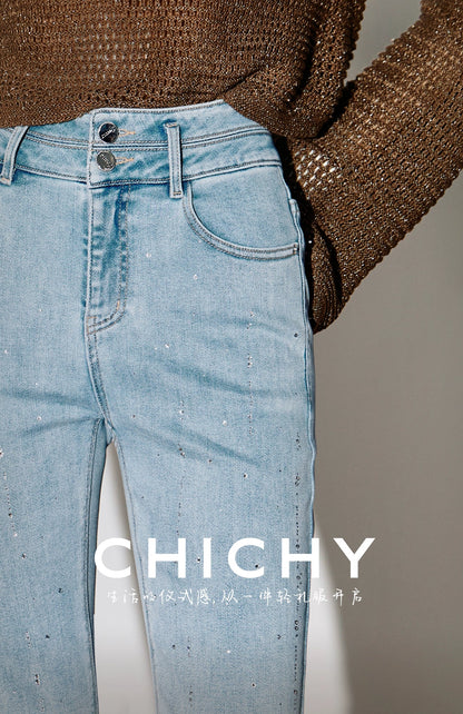 CHICHY hot diamond bootcut blue high-waisted slim pants-KYO