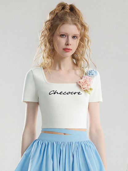CHECOCRE summer fresh and cute color three-dimensional flower short sleeve T-shirt hood skirt - VAY.