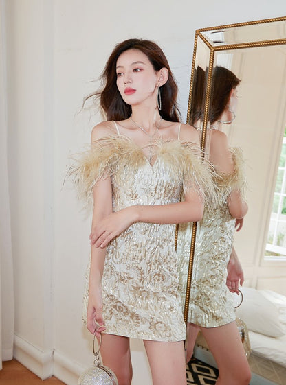 DOLLY Elegant Gold Sleeveless Off Shoulder Feather High Waist Short Party Dress-HARLOW