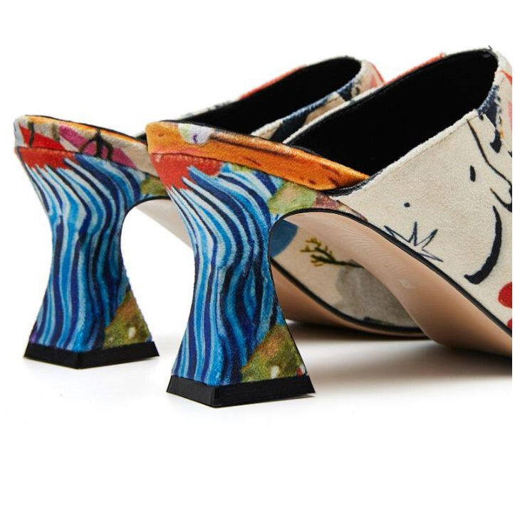 B-FEI elegant mules slippers fashion printed mid-heel and thick heel-JART.