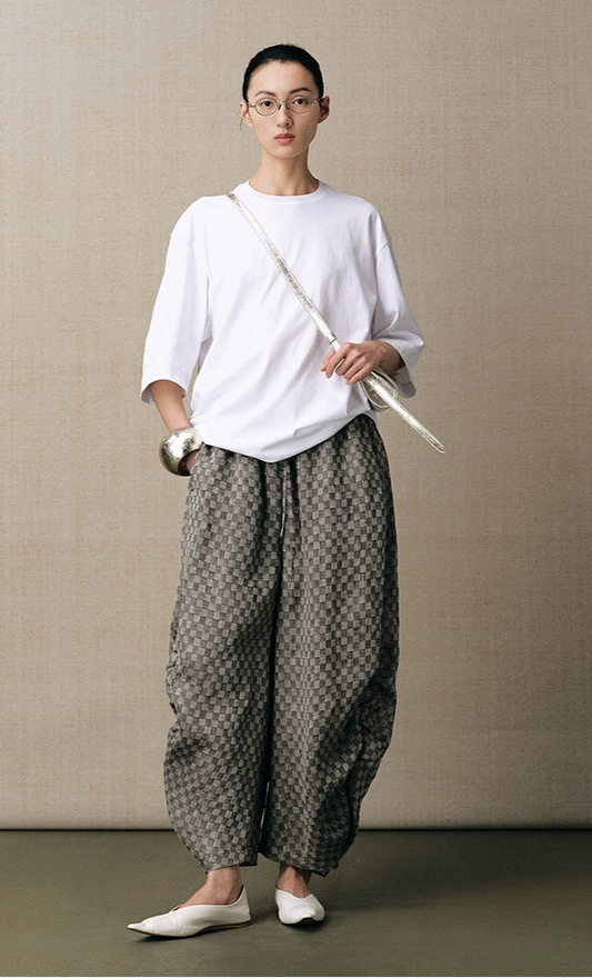 ZHUCHONGYUN linen checkerboard jacket with shirred baggy slacks outfit set-ZIRA.