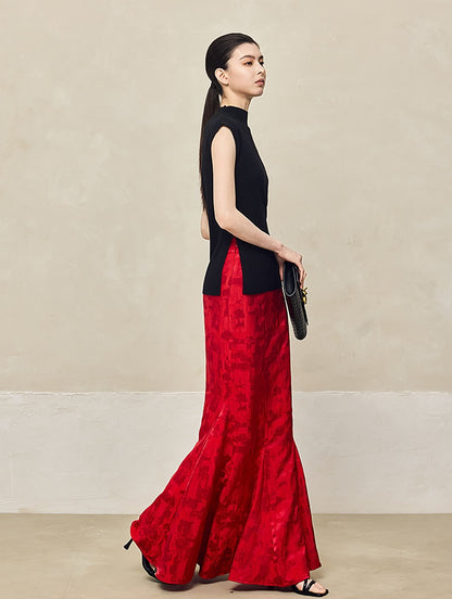 HECO Waist Side Buckle Stand Collar Knitted Short Sleeve Top- BLOOD.