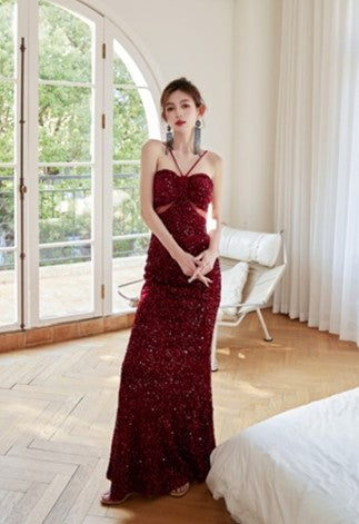 DOLLY Elegant Sequined Hollow Halter Neck Long Evening Dress-OLIVE