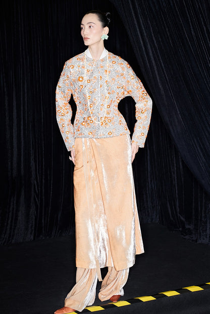 M essential Mackay designer vermilion persimmon embroidered waist silhouette short coat - PISSY.