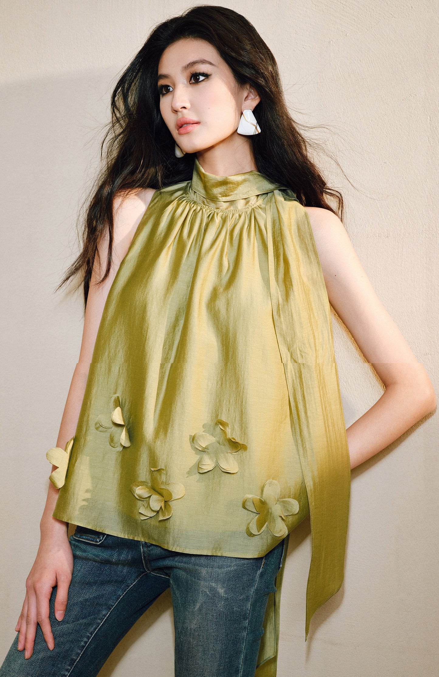WANGXO Luxury Brand High-End Tencel Acetate Heavy Handmade Nail Flowers French Loose Ribbon Sleeveless Top - MAEVE