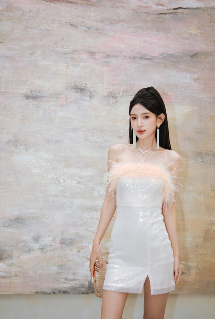 DOLLY High End Off White Feather Tube Top Sequin Short Slit Party Dress-PANTI