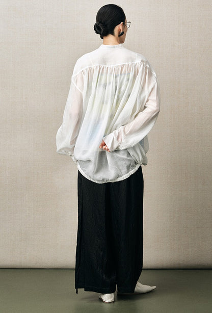 ZHUCHONGYUN  placket drawstring loose light balloon sleeve top-RAMIE.