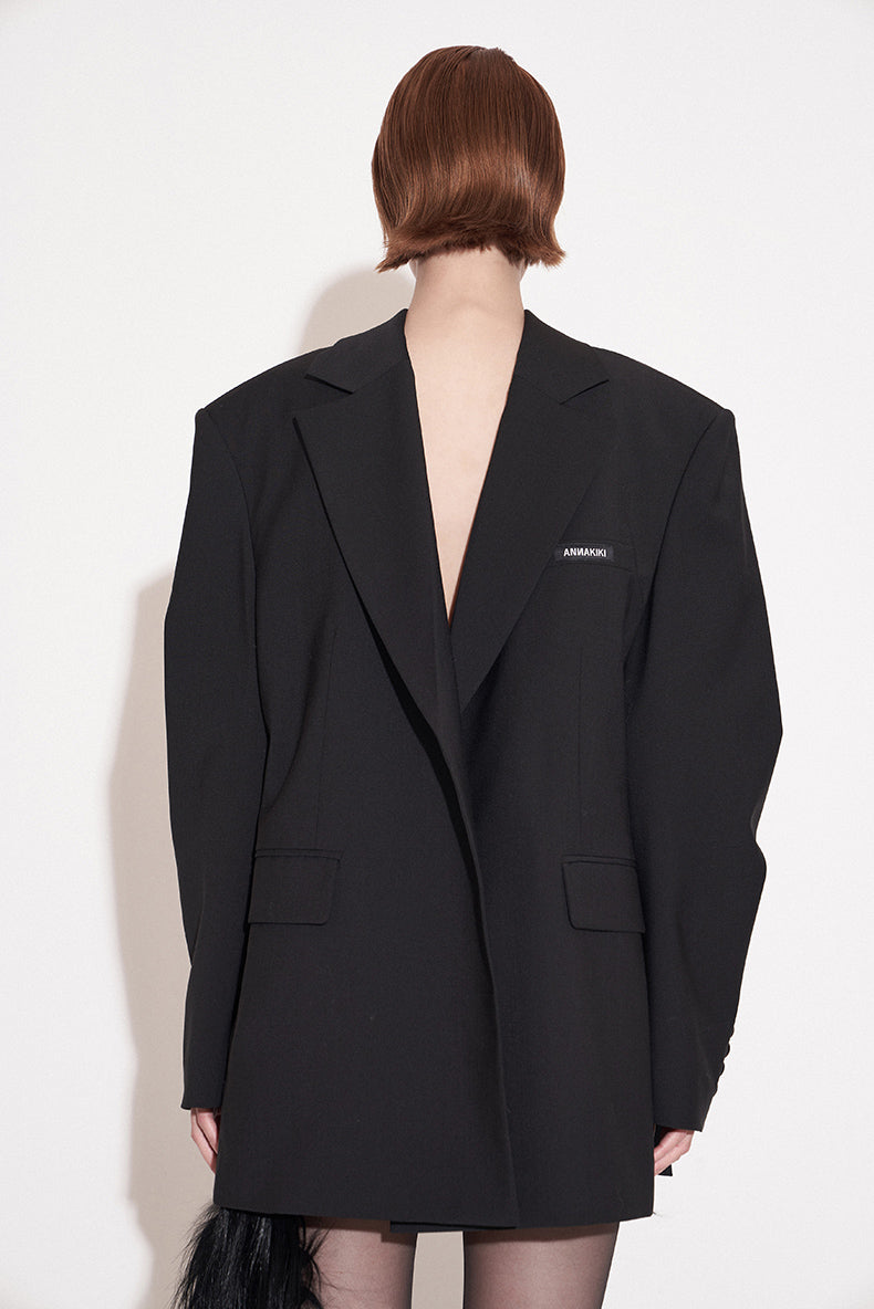 ANNAKIKI Niche Designer Black Wool Mottled Print Blazer Jacket-MATSUKI