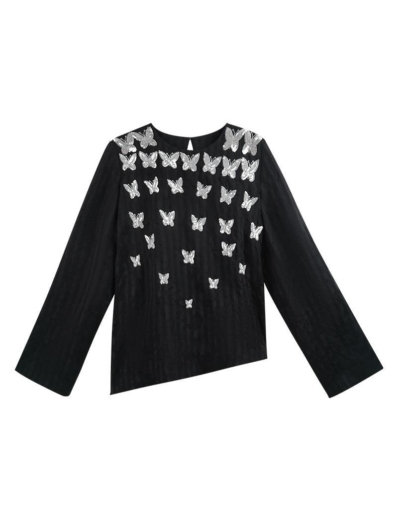 HECO butterfly beads embroidered round neck long sleeve top Women - CROWN.
