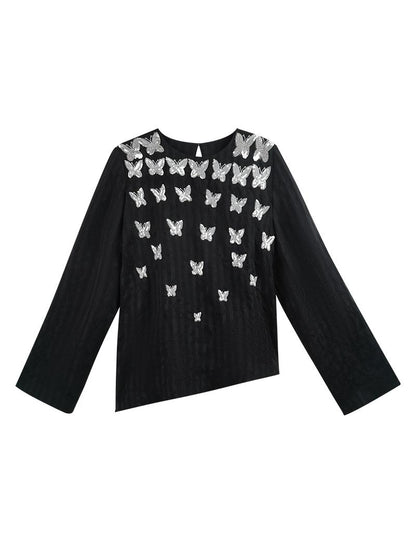 HECO butterfly beads embroidered round neck long sleeve top Women - CROWN.