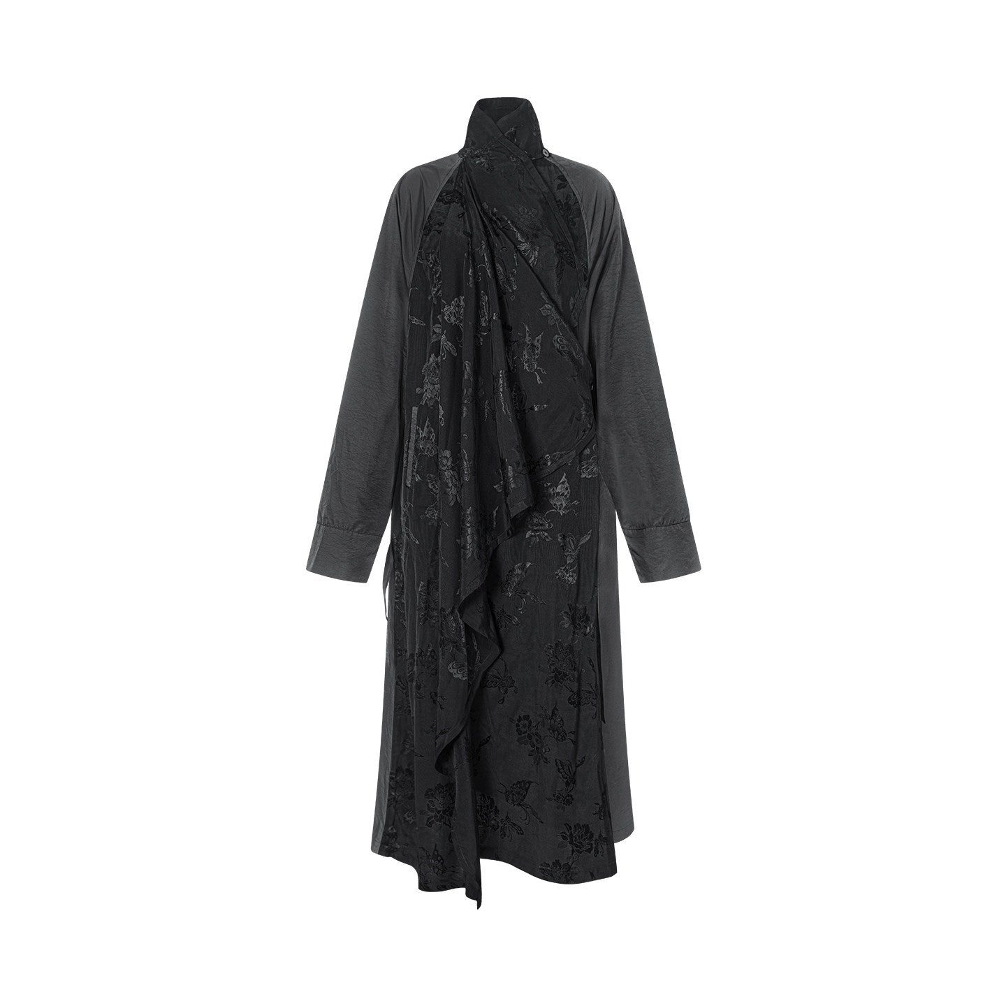 TUYUE Black Satin Weave Drawstring Silhouette Trench Coat - GARFIELD.