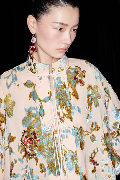 M essential Mackay designer brand Qili burnt flower velvet beads loose top - WORD.