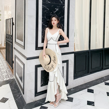 DOLLY Elegant White/Black V-Neck Sleeveless High Waist Long Ruffle Dinner Dress-MIA