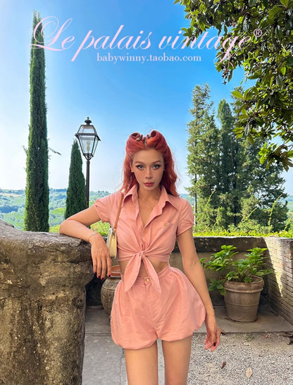 Le Palais Vintage  Gold Cotton Linen Pink Puff Sleeve Shirt + Shorts-ASA.