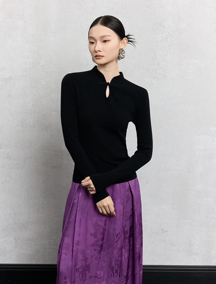 HECO Plain Worsted Wool Cheongsam Collar Buckle Knitwear - close.