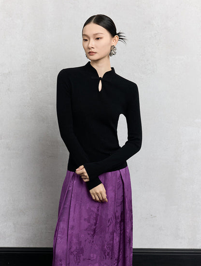HECO Plain Worsted Wool Cheongsam Collar Buckle Knitwear - close.