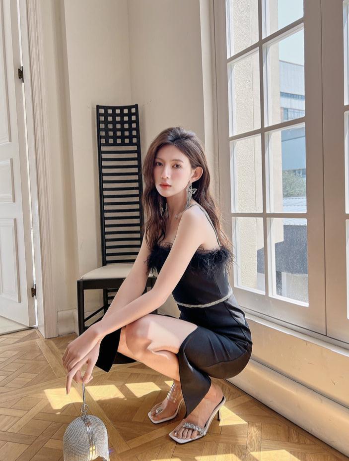 DOLLY Elegant Sleeveless Feather Tube Top Hip Wrap Dinner Dress-KALE