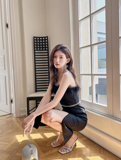 DOLLY Elegant Sleeveless Feather Tube Top Hip Wrap Dinner Dress-KALE