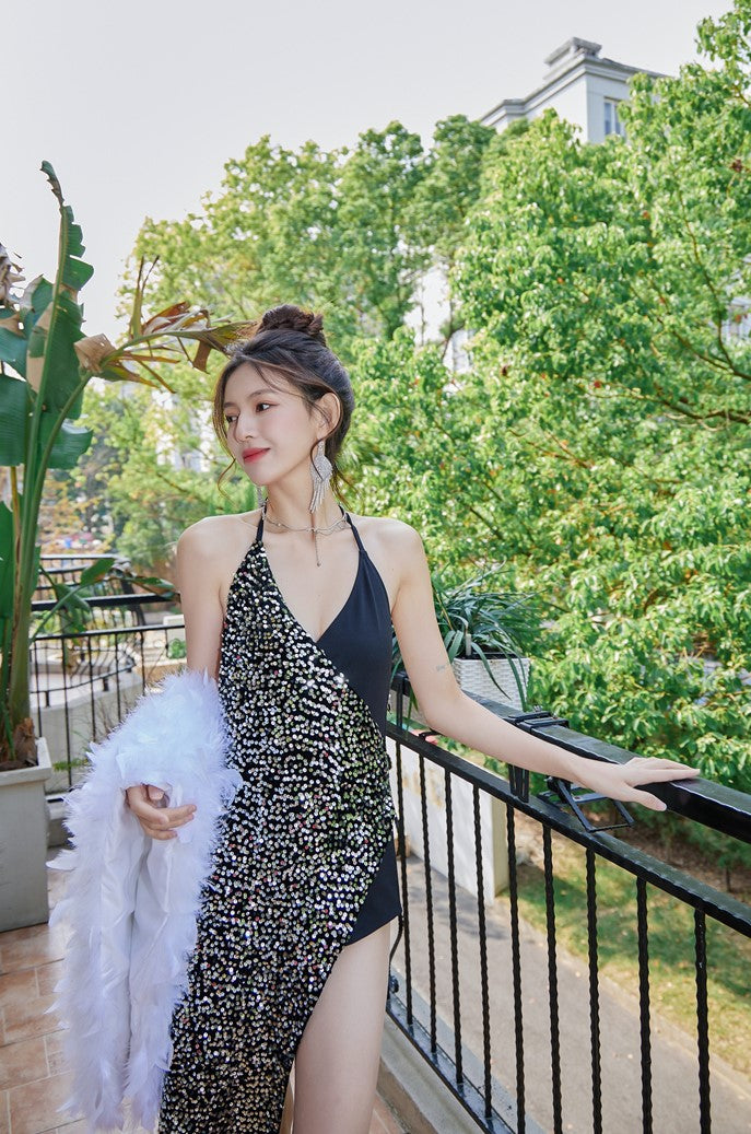 DOLLY Luxury Black Sleeveless Sequin Halter Neck Irregular Hem Sexy Cocktail Dress-ANASTASIA