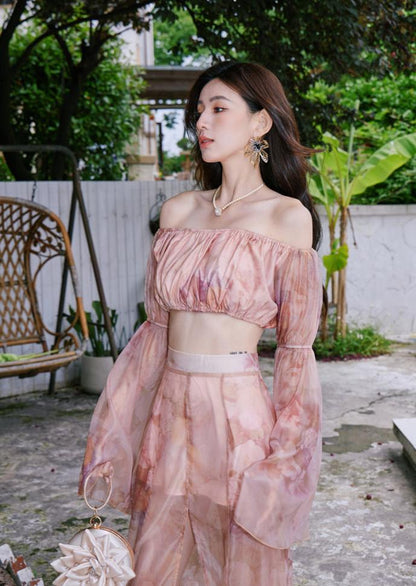 DOLLY Luxury Retro French Style Long Sleeve Top+ Retro Print Midi Slit Skirt-BIANCA