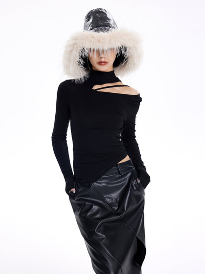 [20% OFF] TINY IN irregular cut-out off-the-shoulder long-sleeved T-shirt temperament slim fit half-neck base layer