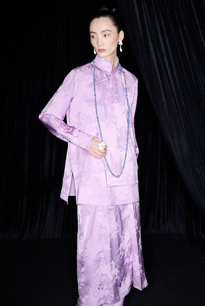 M essential Mackay designer label hibiscus jacquard side collar shirt set - THEO.