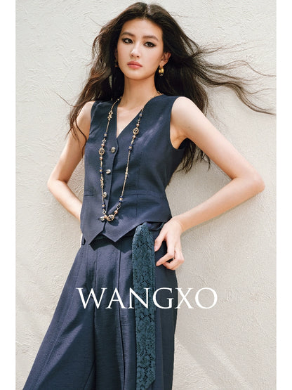 WANGXO |V-Neck Vest & Belted Straight Pants Intellectual Suit Set -NÉRA