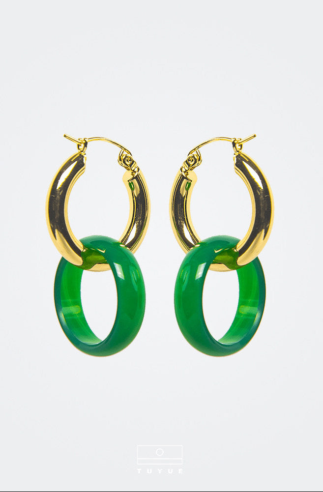 TUYUE Vintage Brass Silver Plated Plain Circle Onyx Earrings- TRISHA.