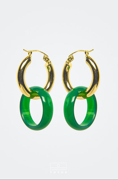 TUYUE Vintage Brass Silver Plated Plain Circle Onyx Earrings- TRISHA.