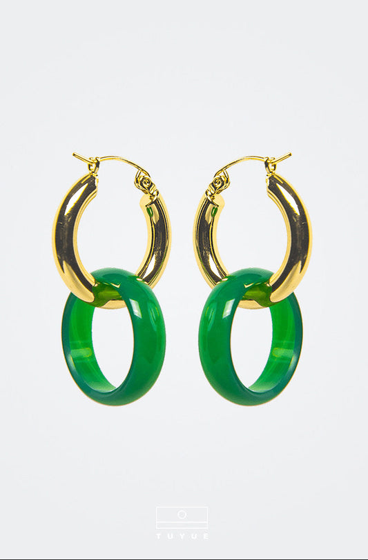 TUYUE Vintage Brass Silver Plated Plain Circle Onyx Earrings- TRISHA.