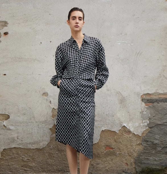 COMME MOI Lv Yan designer women's elegant silk black and white printed long sleeve dress - EMILIA.