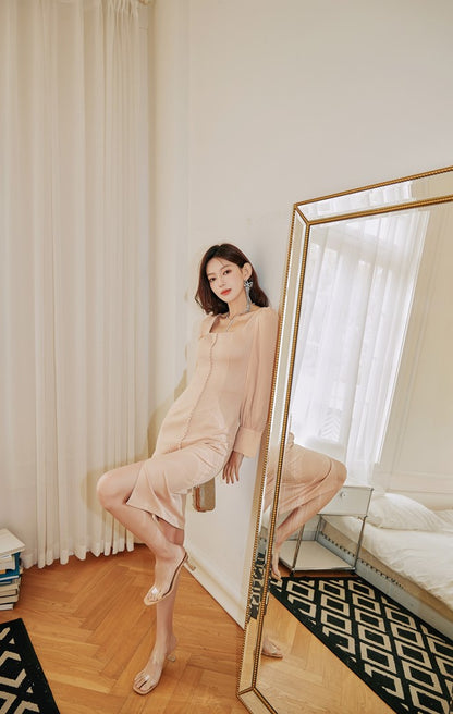 DOLLY Elegant French Style Square Collar Long Puff Sleeve Satin Mini Dinner Dress-PERACH