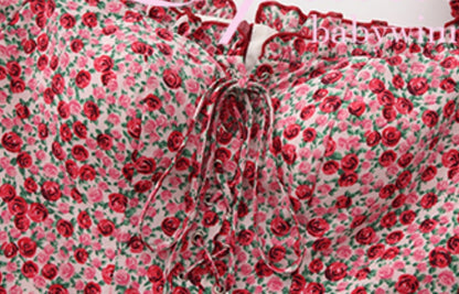 Le Palais Vintage Red Floral Off-the-Shoulder Slim One-Piece Shorts-NOSHIMA.