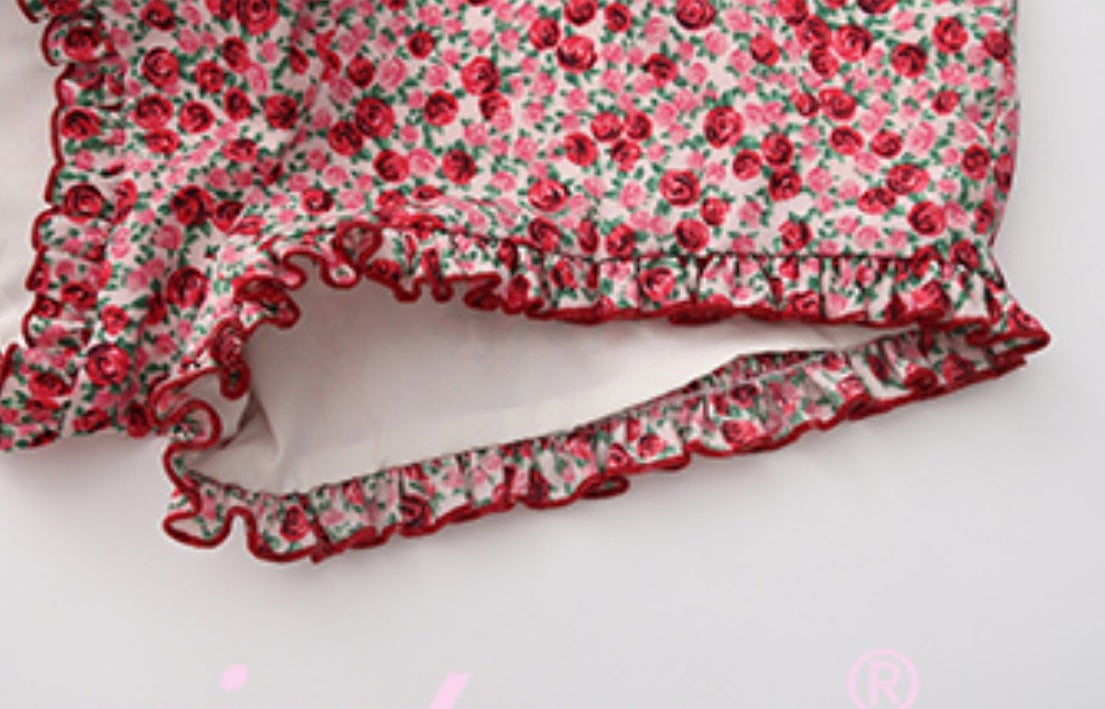 Le Palais Vintage Red Floral Off-the-Shoulder Slim One-Piece Shorts-NOSHIMA.